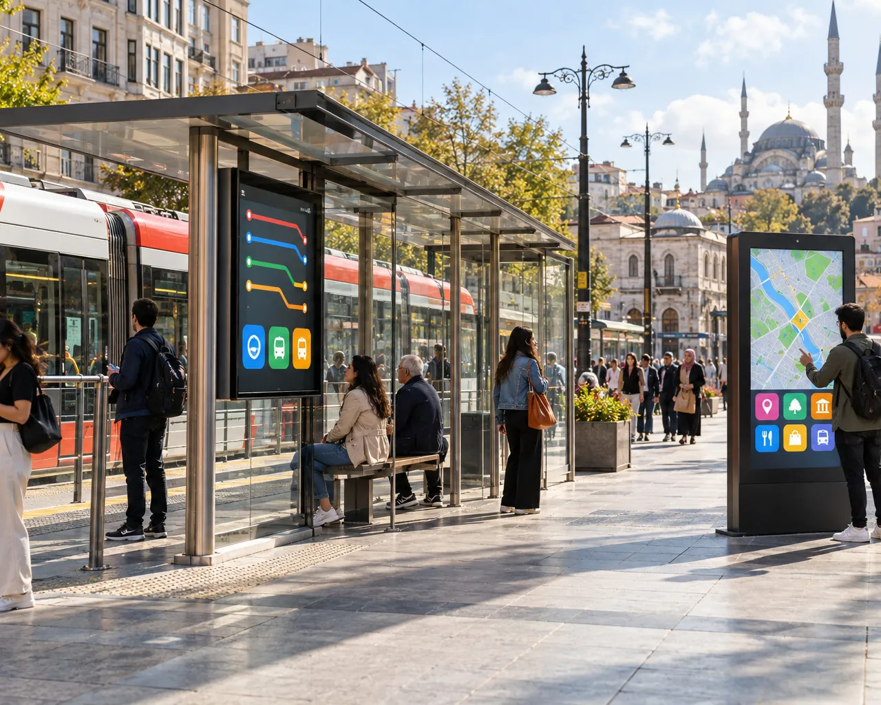 Tramvay durağında yolcu bilgilendirme ekranı ve şehir bilgi totemi (temsili görsel)