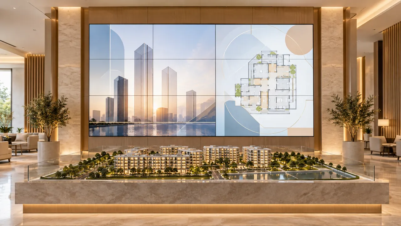 Satış ofisinde videowall ve proje maketi (temsili görsel)